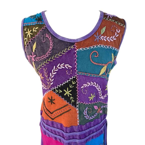 Karma Circle Tank Dress Medium Boho Patchwork Embroidery Hippie Festival Stretch - Picture 3 of 14
